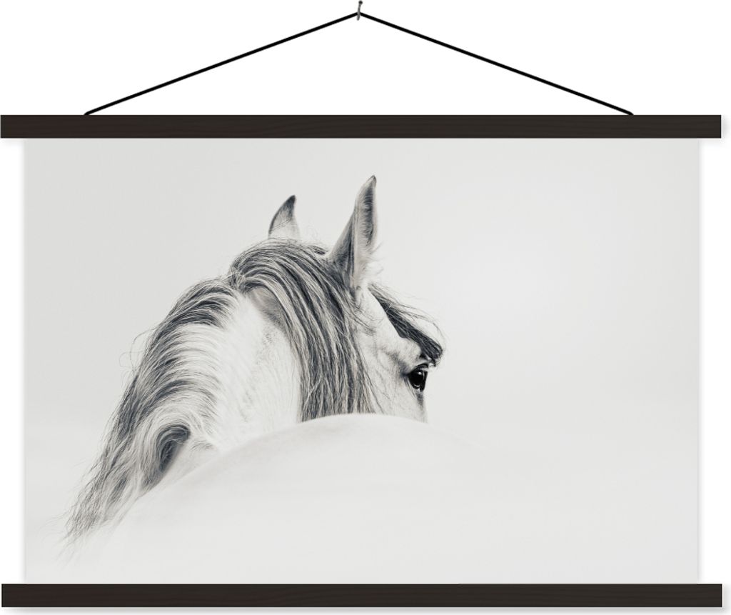 MuchoWow Textilposter Pferd - Weiß - Grau 120x80 cm mit schwarzem Rahmen - Wanddeko