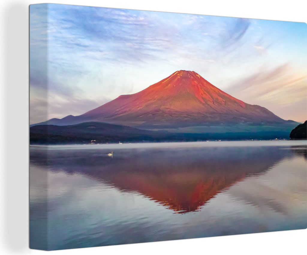 OneMillionCanvasses - Leinwandbilder - 140x90 cm, Der rot gefärbte Berg Fuji in Asien am Morgen, Wandbilder Kunstdruck Wanddekoration - Foto auf...