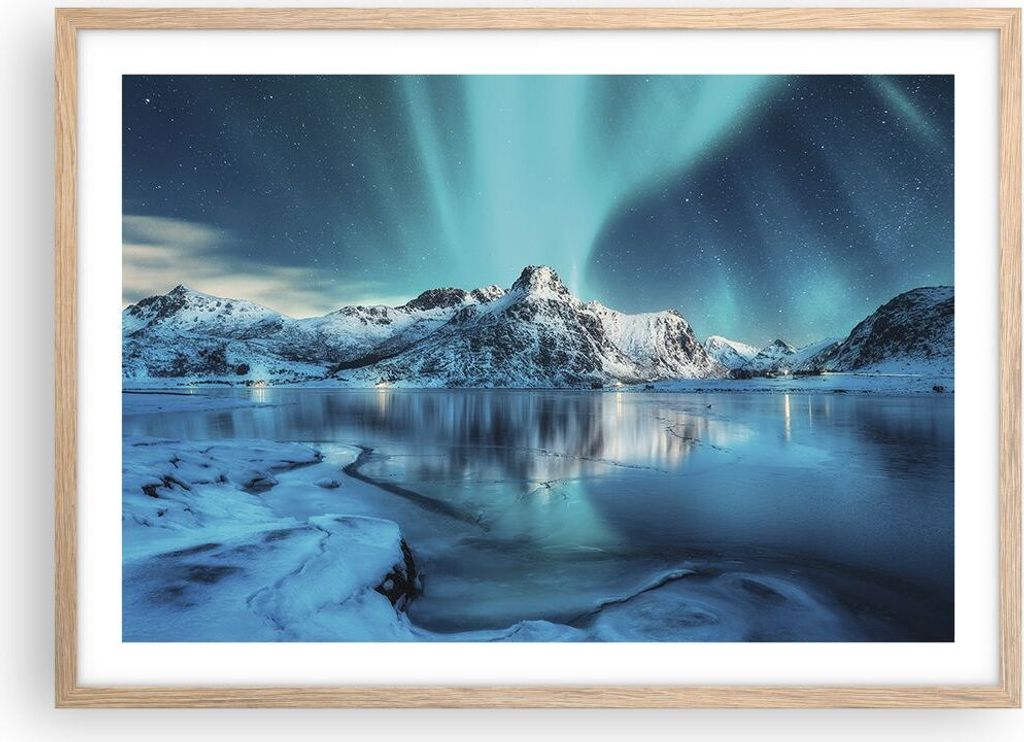 Gerahmtes Poster - Rahmen in heller Eiche - Morgendämmerung Polar Berge - 70x50 cm - Wand Bild - Wanddeko - Wandbilder - Wandposter - Bilderrahmen...