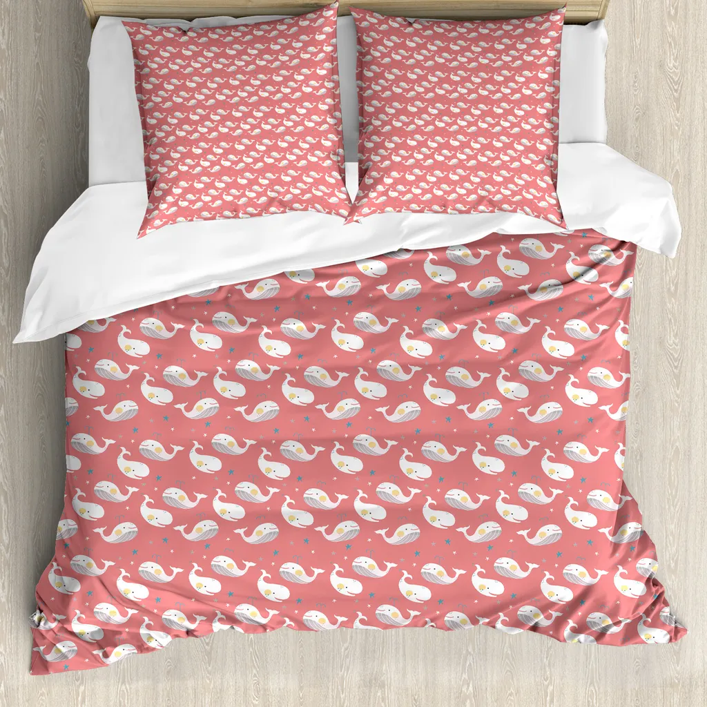 Parure de lit enfant 200x200 cm motif baleine en corail et bleu sarcelle