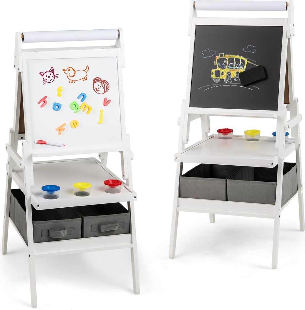 GOPLUS 3 in 1 Kinderstaffelei, multifunktionale Doppelstaffelei mit Whiteboard, Kreidetafel & Papierrolle, stehende Kindertafel mit Regal, Weiß