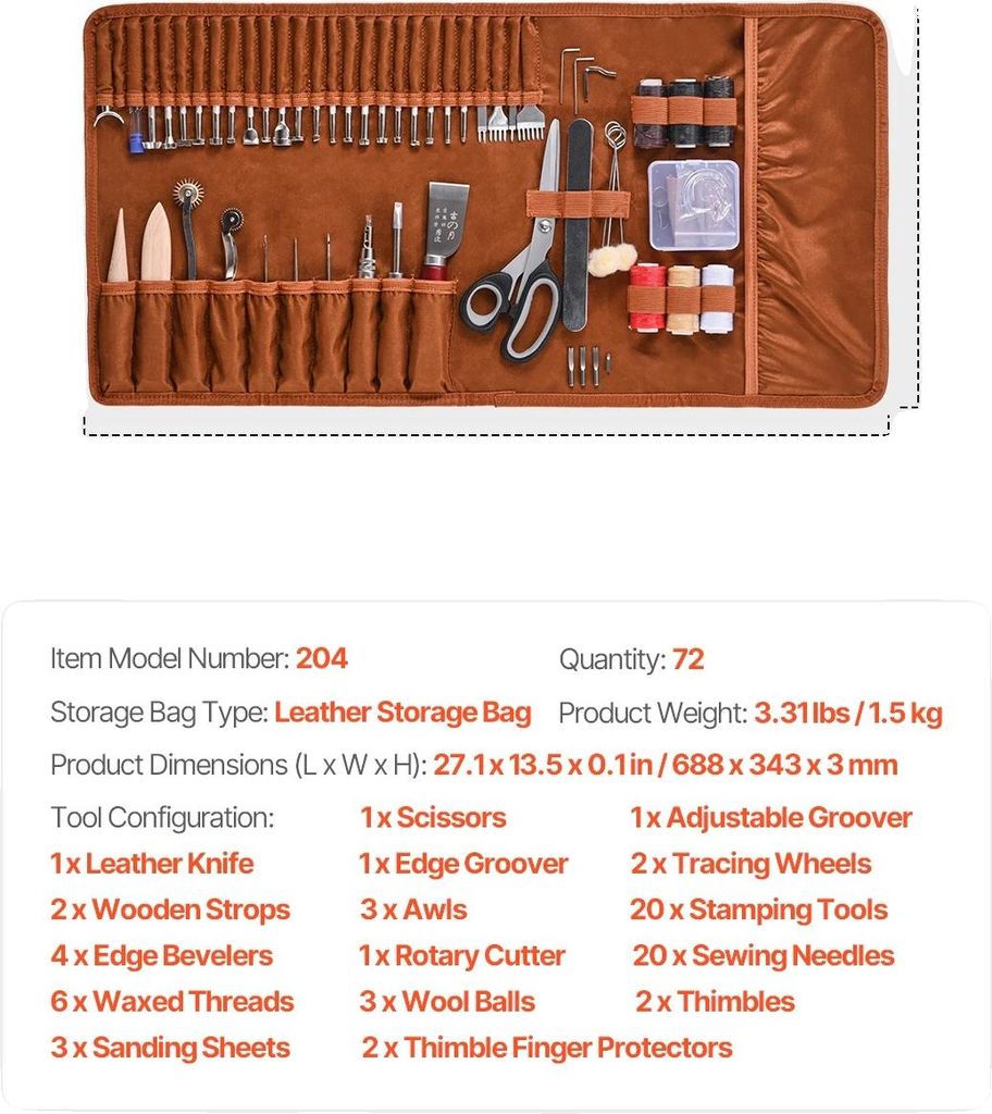 Lederbearbeitungswerkzeuge, 61-teiliges Set, Tragetasche aus Canvas, 72PCS