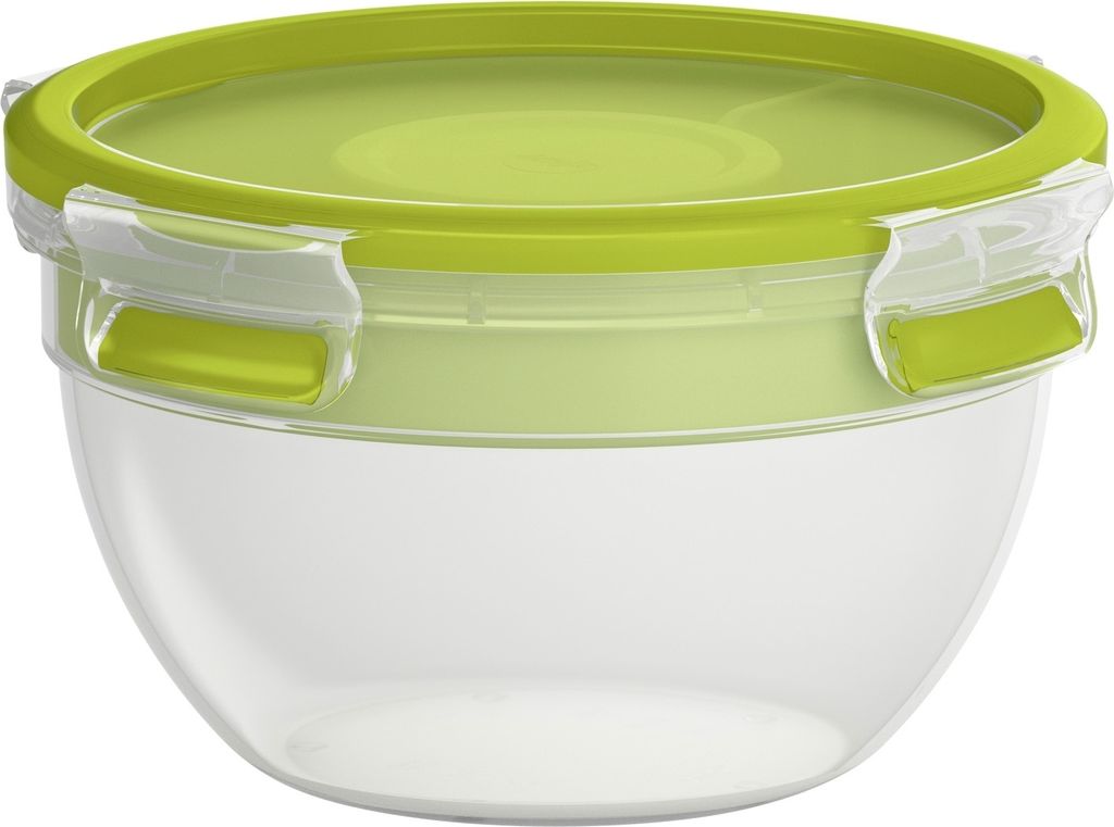 A clear studio shot of a food storage container.