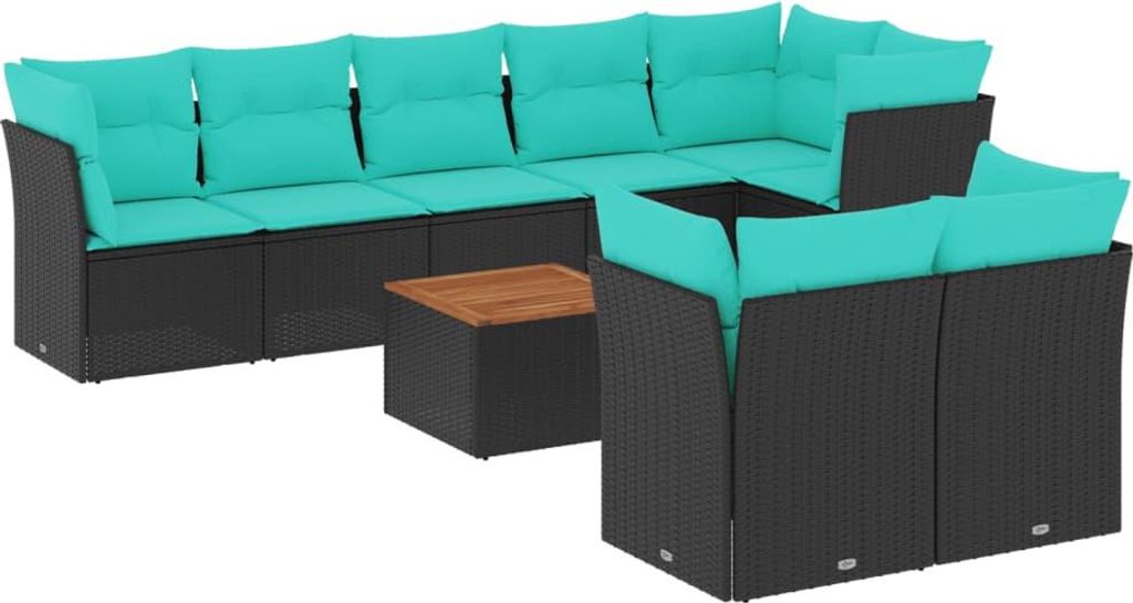 vidaXL 9-tlg. Garten-Sofagarnitur mit Kissen Schwarz Poly Rattan