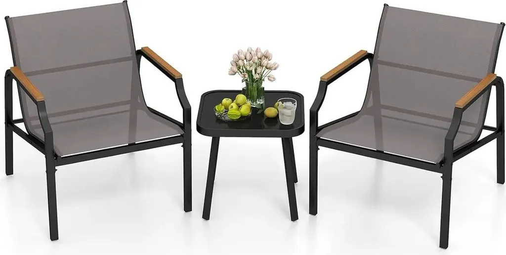 Ensemble mobilier de jardin gris foncé 3 pièces en métal pour terrasse