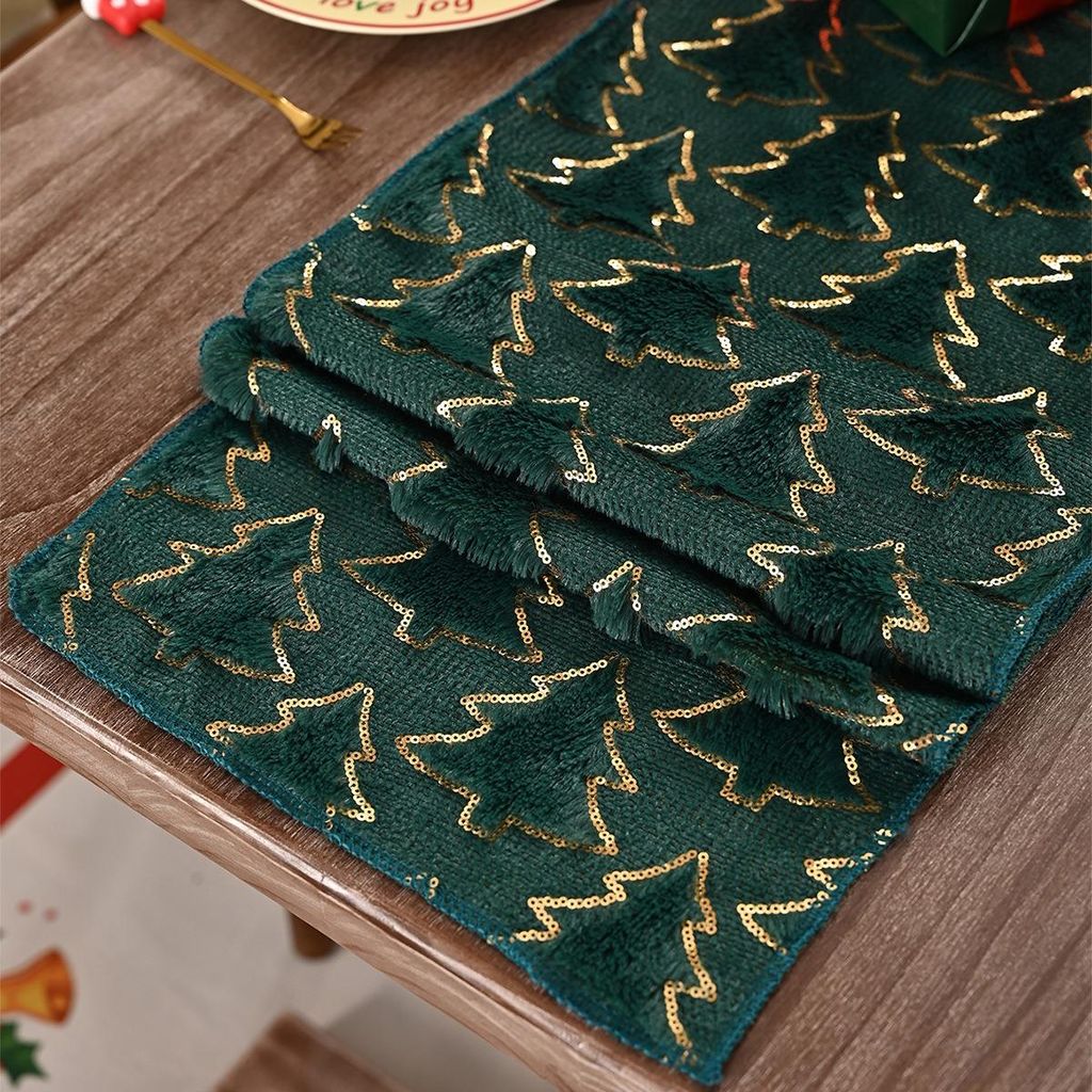 Runner Da Tavola Natalizio In Cotone 180x35 Cm - Tovaglia Lunga Con Alberi Di Natale E Quadri - Decorazione Festa
