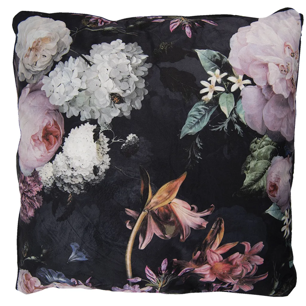 Coussin de décoration 45x45 cm à fleurs roses sur fond noir chic