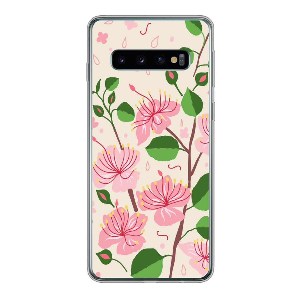MuchoWow Handyhülle Schutzhülle Hülle für Samsung Galaxy S10 Blume - Rosa - Blatt - Muster Silikon Softcase Handy Hülle - Handytasche