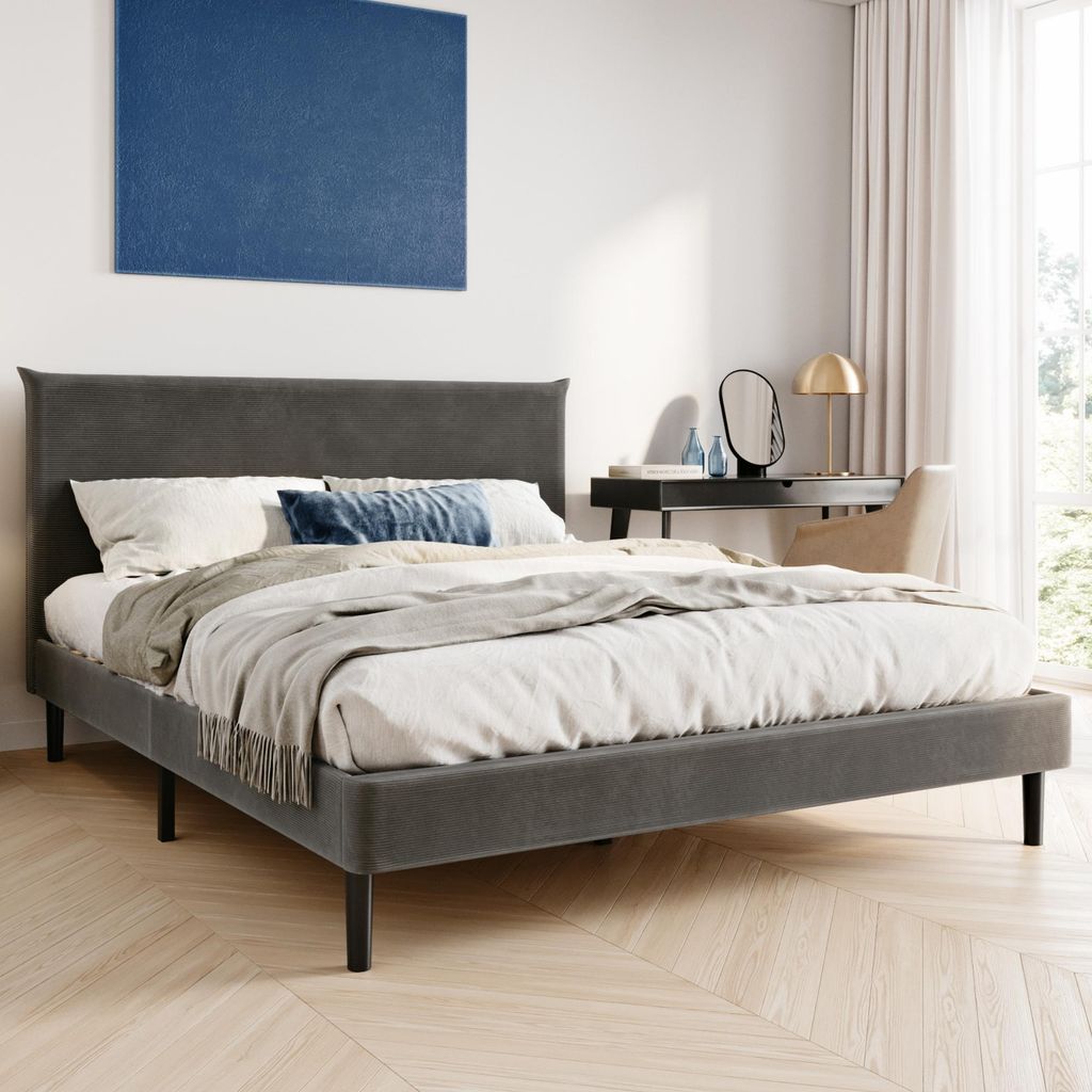 Polsterbett 140x200 und 160x200 cm mit Lattenrost und weichem Bezug, Bettgestell 160x200 cm, Grau, Cordbezug