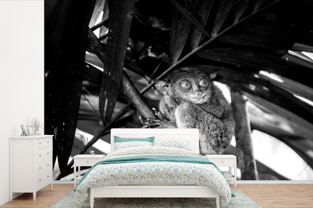 MuchoWow Fototapete für Wohnzimmer oder Schlafzimmer Wandtapete Vinyl Motivtapete Philippinischer Geist unter den Blättern - schwarz und weiß ...