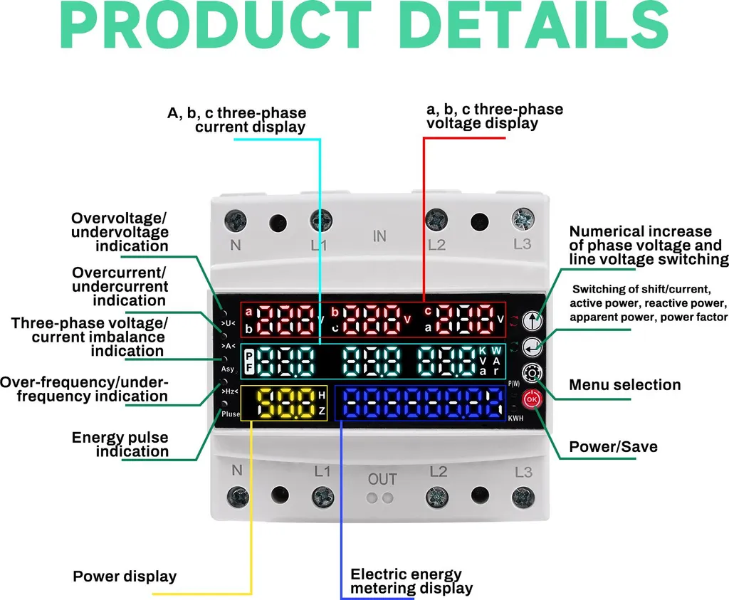 Moniteur de tension et courant triphasé avec écran couleur numérique AC - 12