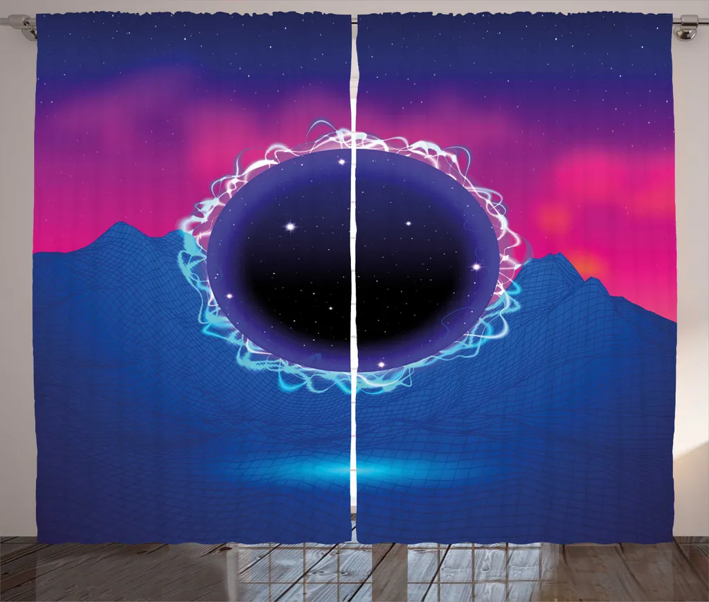 Rideau Montagnes Lunaires 280x225cm en Tissu Rustique Rose et Cobalt