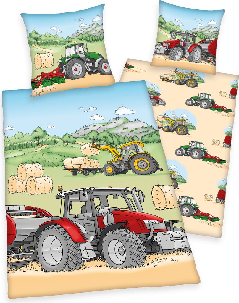 A collage of images showing different parts of a tractor-themed bedding set, including pillows and a duvet cover, with illustrations of tractors and farm scenes.