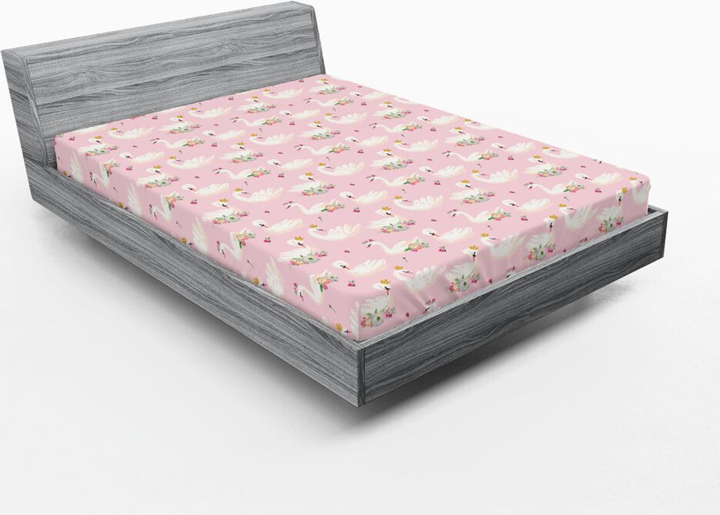 ABAKUHAUS Swans Spannbetttuch, Gracious Blumen Aquatic Vogel mit Krone Lizenztier, 180 x 200 cm, Rosa