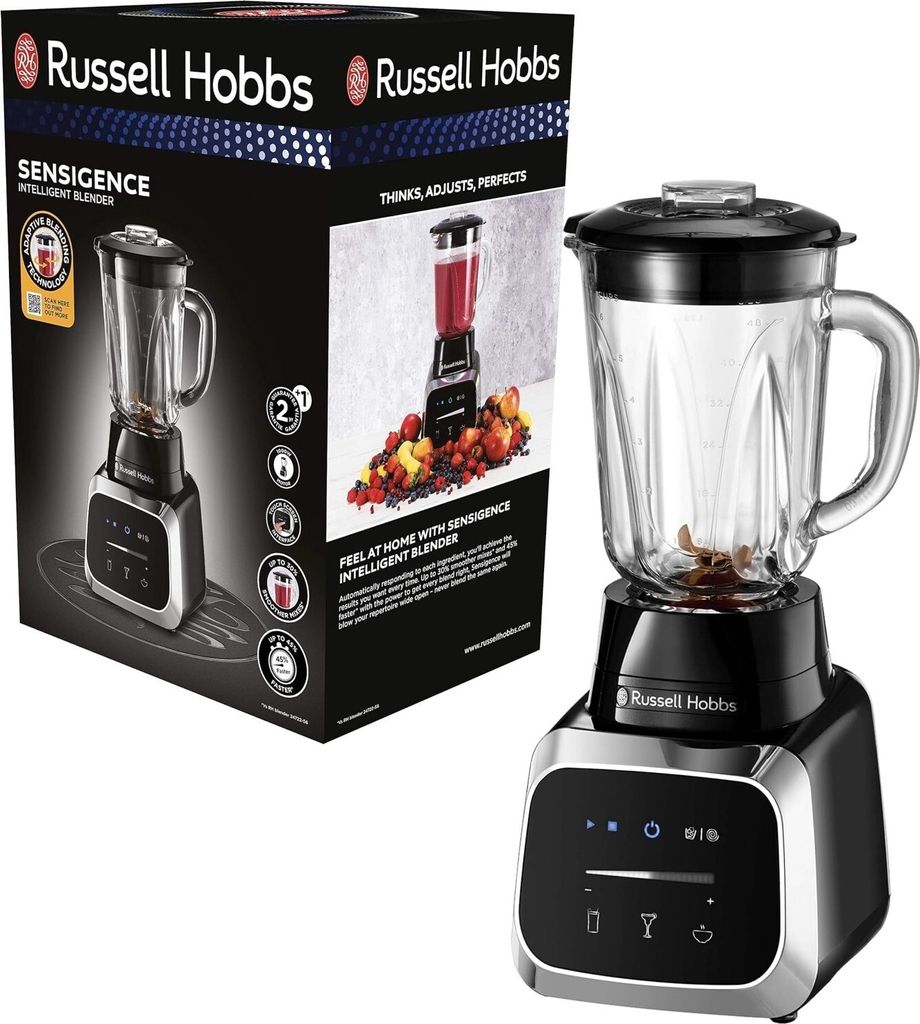A product box and the blender itself are shown against a white and black background.