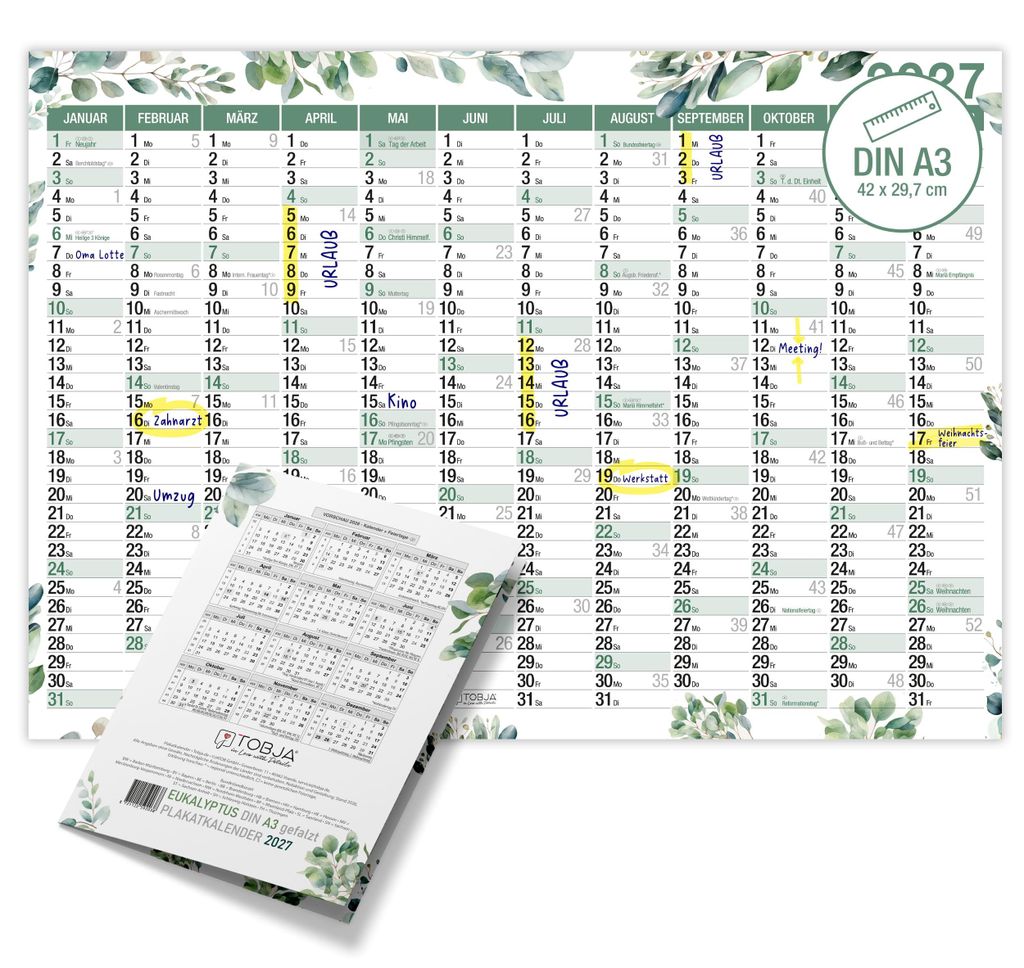 Wandkalender 2027 A3 Eukalyptus Botanical Querformat – Produktbild 