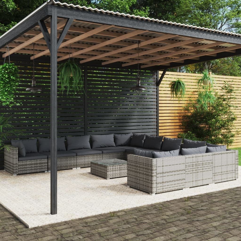 12-tlg. Garten-Lounge-Set mit Kissen Poly Rattan Grau