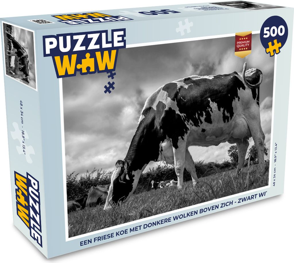 MuchoWow Puzzle 500 Teile Eine Friesenkuh mit dunklen Wolken über ihr - schwarz und weiß - 500 Teile - Kinder - Selberbauen - Puzzlespiele