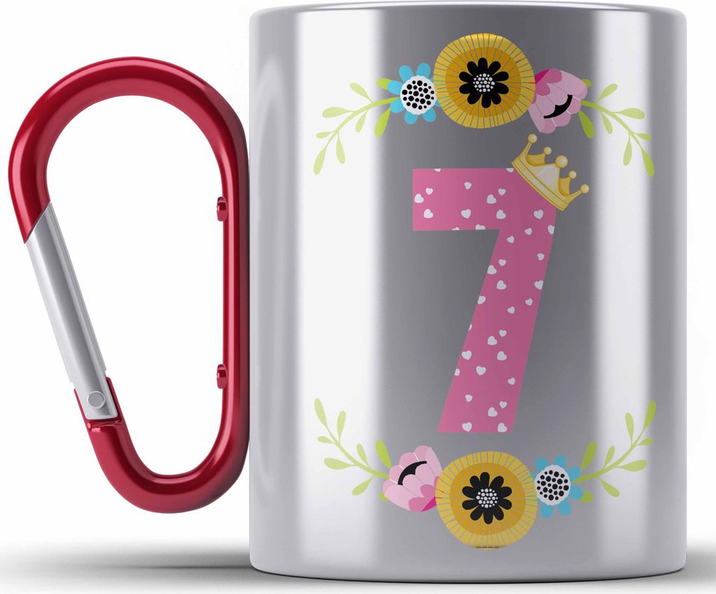 Trendation - 7. Geburtstag Mädchen Edelstahl Tasse Karabiner Geschenk zum Siebten Geburtsagsparty Grafik Krone 7 Jahre Alt (Rot)