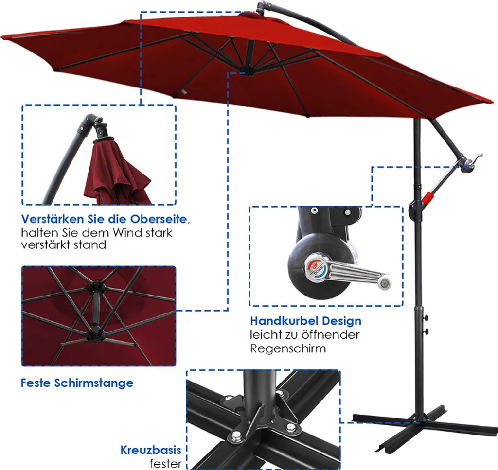 SWANEW Ombrellone da Giardino 3.5m Rosso - Ombrellone a Sbalzo Alluminio