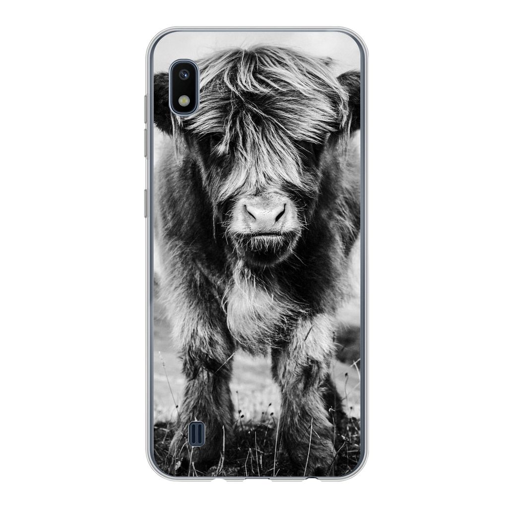 MuchoWow Handyhülle Schutzhülle Hülle für Samsung Galaxy A10 Schottischer Highlander - Berg - Schwarz - Weiß Silikon Softcase Handy Hülle -...
