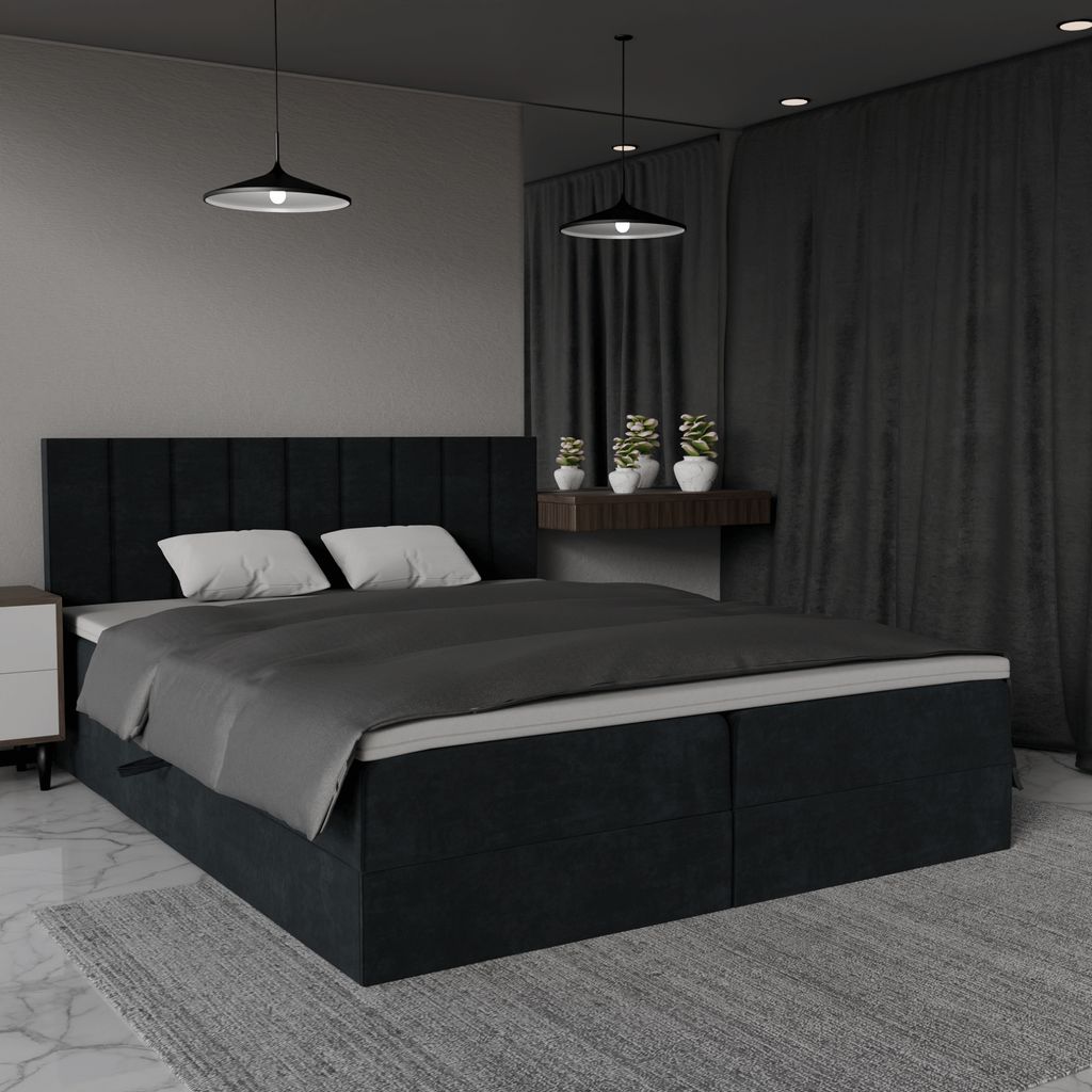 QLA Möbel Boxspringbett Bergamo 180x200 mit 2 Bettkästen, Doppelbett mit Matratze und Topper, Polsterbett, Bett. Farbe Dunkelgrau