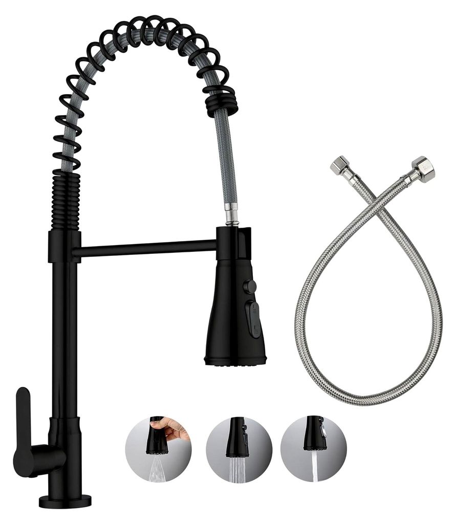 Kaltwasserhahn Schwarz, 360° drehbarer Kaltwasserarmatur mit 3 Strahlarten und 50 cm Anschlussschläuchen, Edelstahl