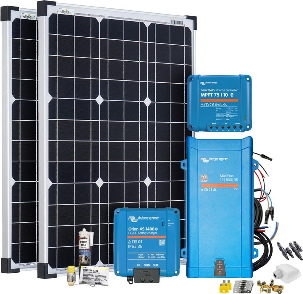 Offgridtec Mobil VeCore S 100W Wohnmobil Solaranlage inkl. MultiPlus 12/800/35 Wechselrichter, Batterieladegrät und Laderegler - weiß