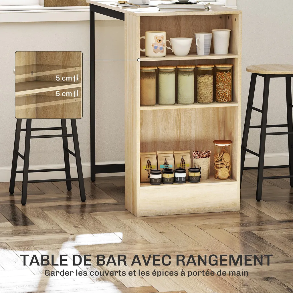 Mange-Debout avec 2 Tabourets et Compartiments de Rangement, Bois et Noir - 6