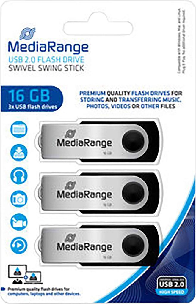 MediaRange USB-Stick 16GB USB 2.0 Flexi 3er-Pack Produktbild 