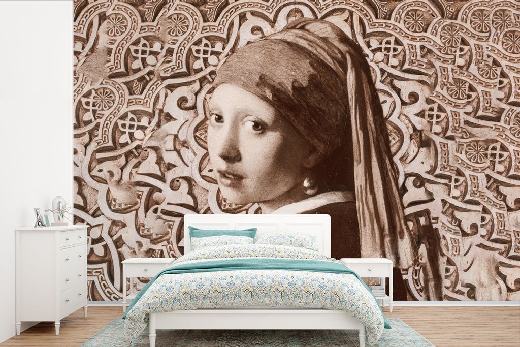 MuchoWow Fototapete für Wohnzimmer oder Schlafzimmer Wandtapete Vinyl Motivtapete Das Mädchen mit dem Perlenohrring - Johannes Vermeer - Braun ...