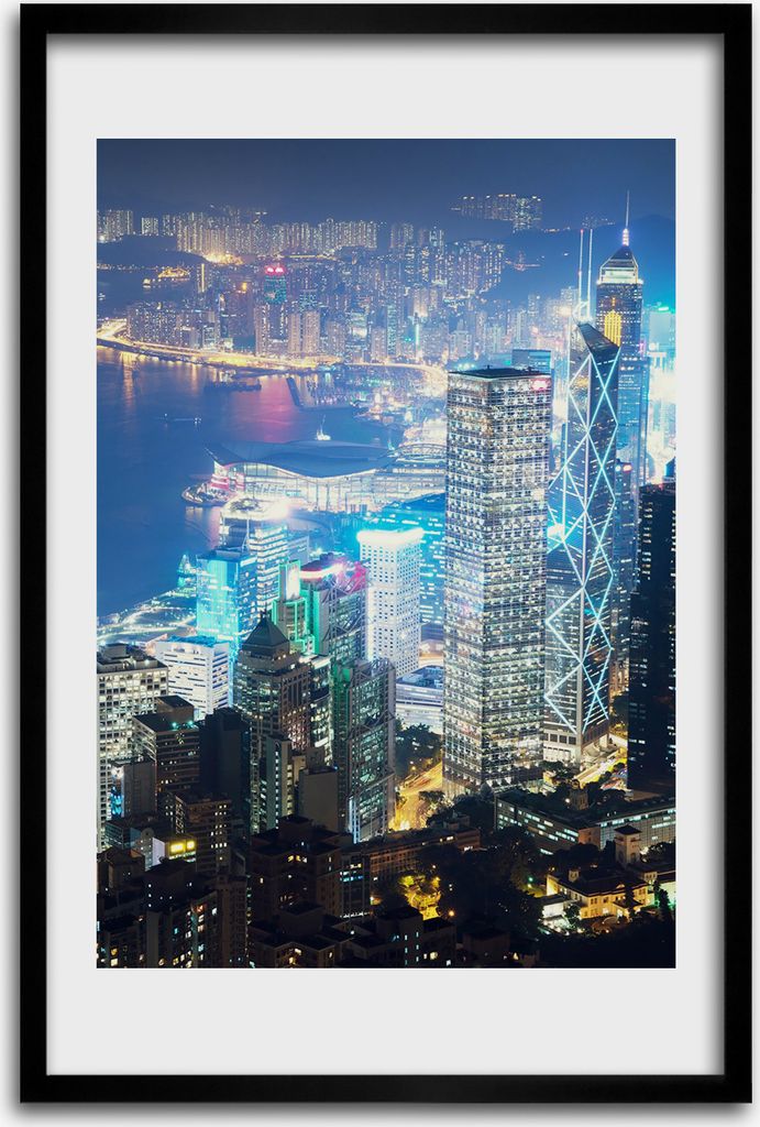 Bild - Bilderrahmen - 40 cm x 60 cm - MDF - Rahmen - Wandkunst - Hong Kong bei Nacht