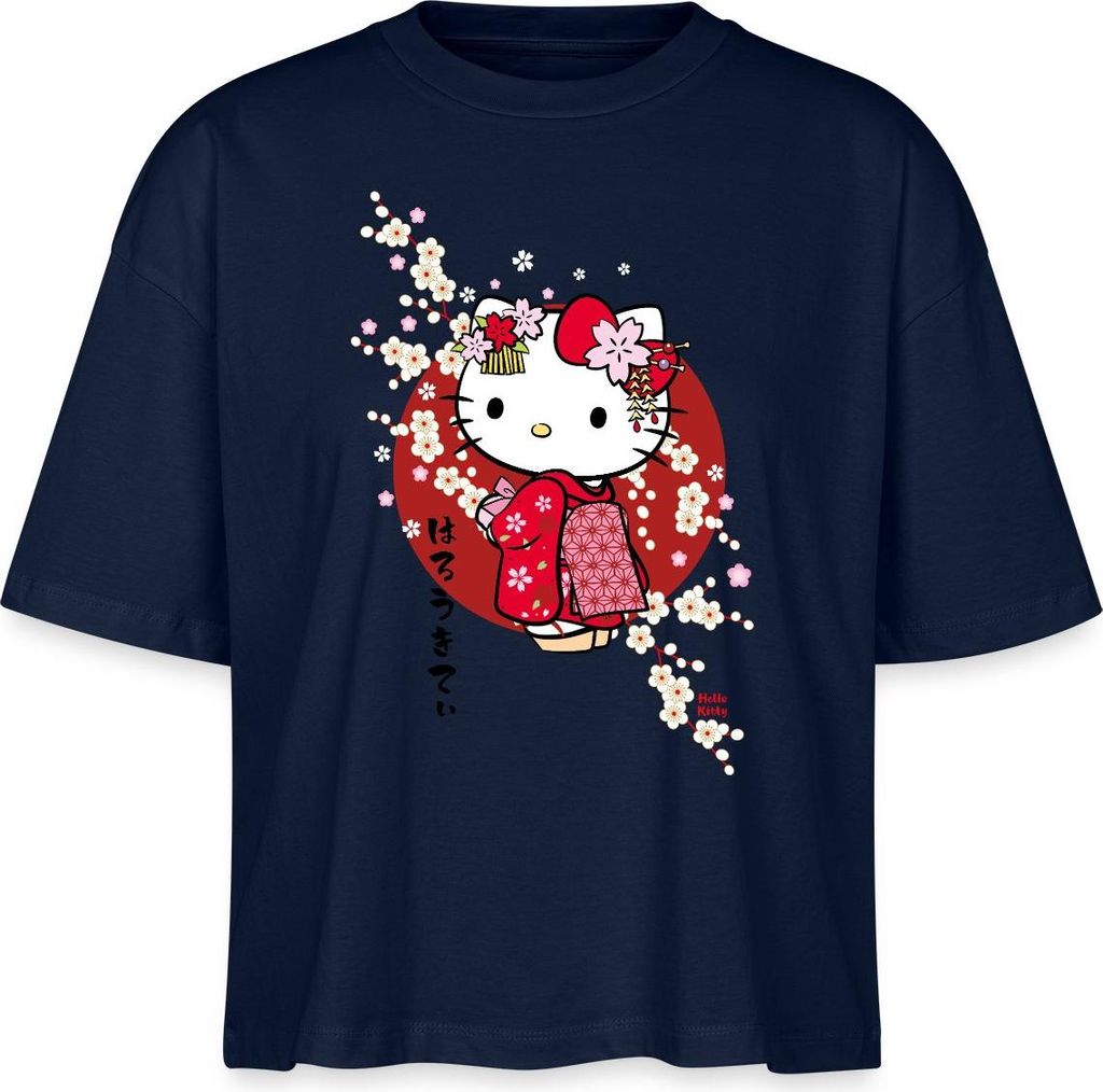 Spreadshirt Hello Kitty Japan Kimono Kirschblüten Boxy Shirt Damen, XL, Navy