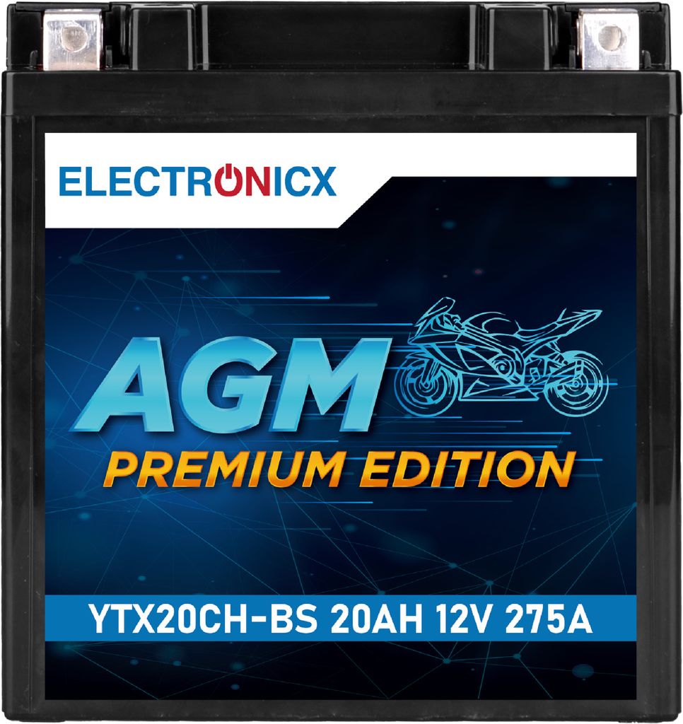 Electronicx YTX20CH-BS AGM Motorradbatterie 12V 20Ah 275A/EN – Wartungsfrei, Langlebig, Doppelte Lebensdauer
