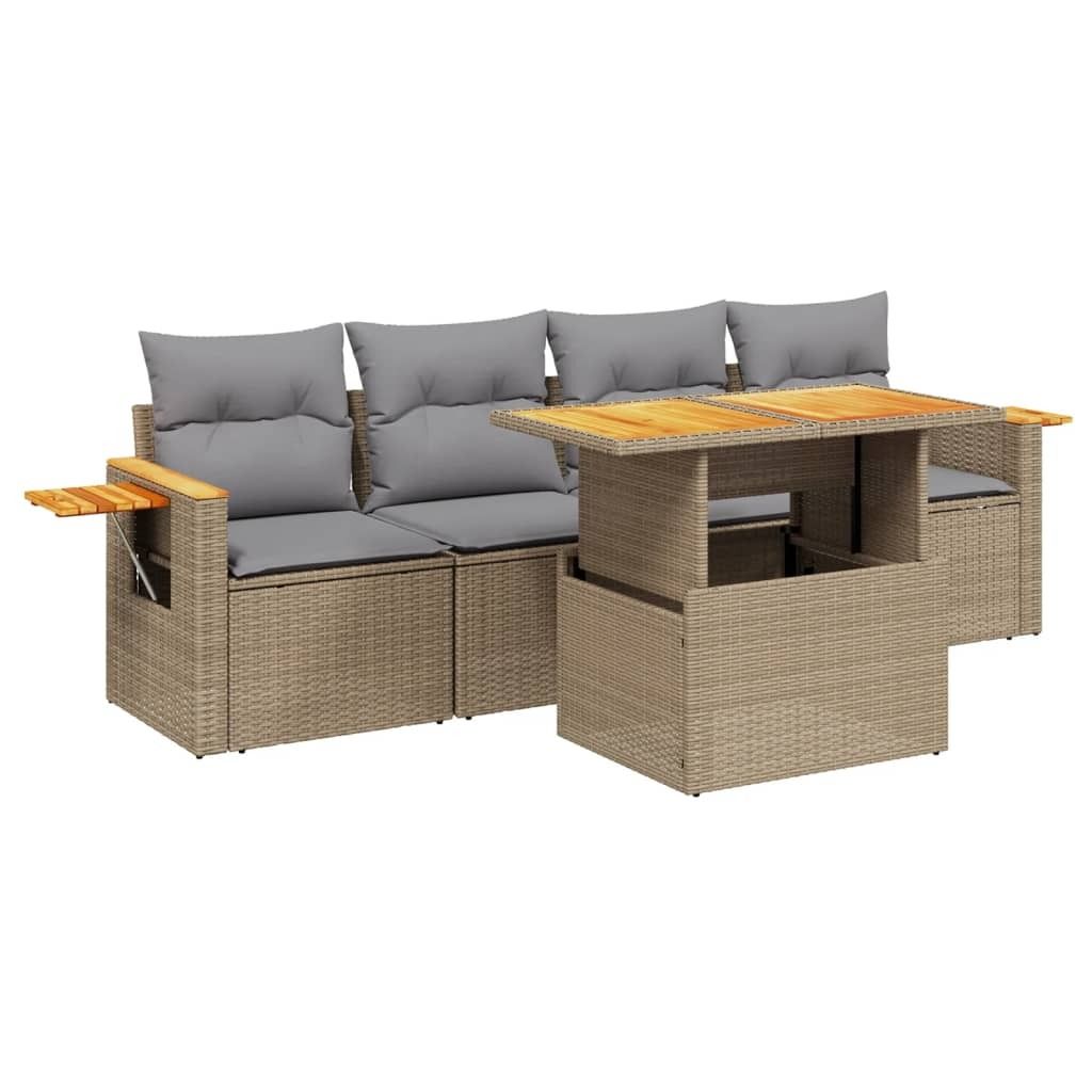 vidaXL 5-tlg. Garten-Sofagarnitur mit Kissen Beige Poly Rattan