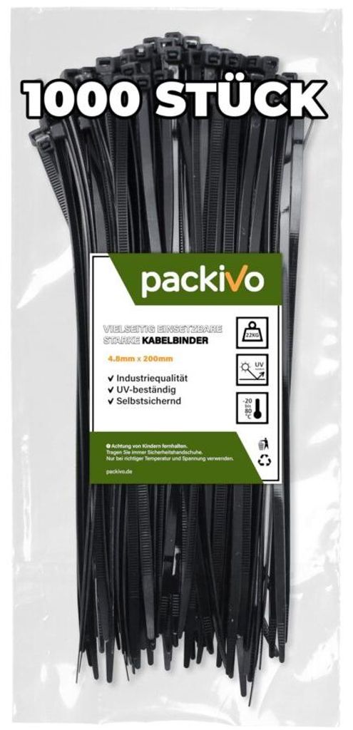 PACKIVO Kabelbinder, Schwarz - 300mm x 4,8mm, 1000 Produktbild 