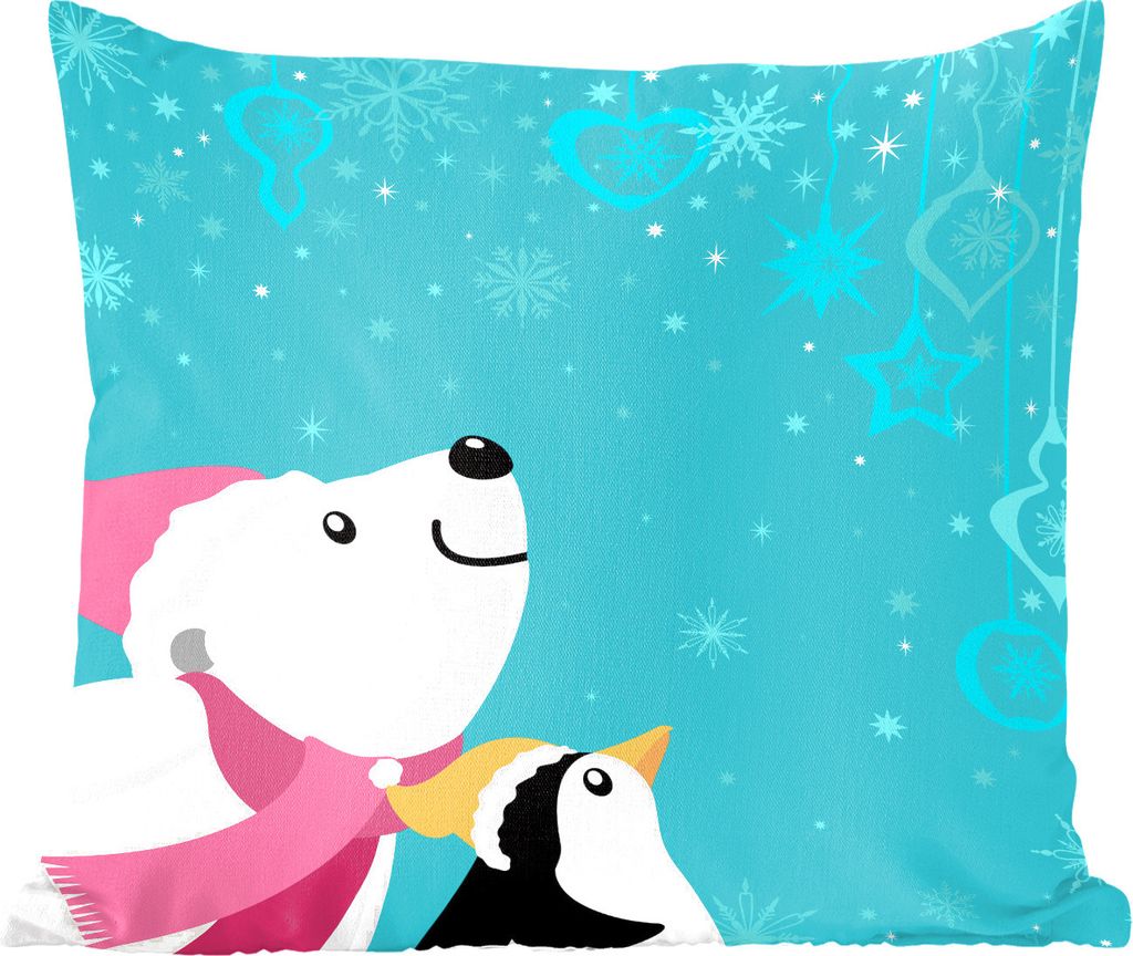 MuchoWow Zierkissen Sofakissen Wohnzimmer Dekokissen 60x60 cm Illustration eines Pinguins und eines Eisbären auf blauem Hintergrund - Sitzfläch...