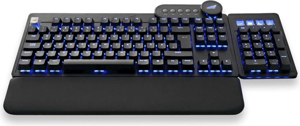 A black mechanical keyboard with blue backlighting and a wrist rest, shown from a slightly elevated front-left angle on a white background.