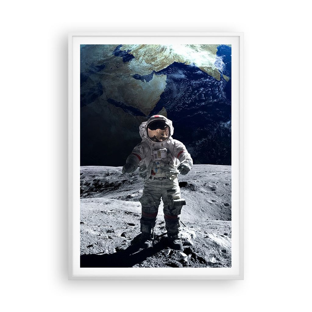 Gerahmtes Poster - Weißer Rahmen - Astronaut Mond Erde Raum - 70x100 cm - Wand Bild - Wanddeko - Wandbilder - Wandposter - Bilderrahmen - Bilder -...
