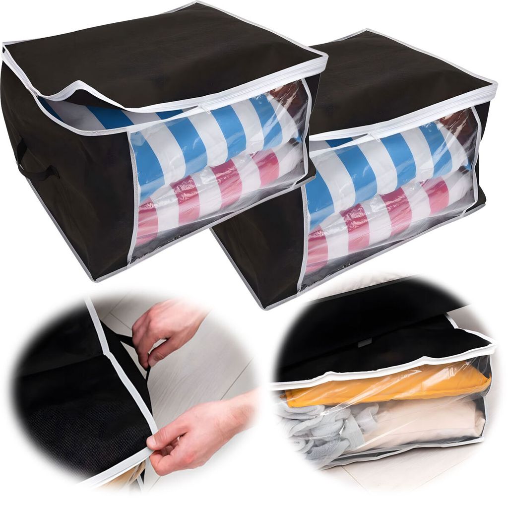 LS-LebenStil 2x XL Unterbettkommode Schwarz 60cm Unterbettbox Aufbewahrungsbox Vliesstoff Aufbewahrungstasche Bettdecken Kleidung faltbar Sichtfenster