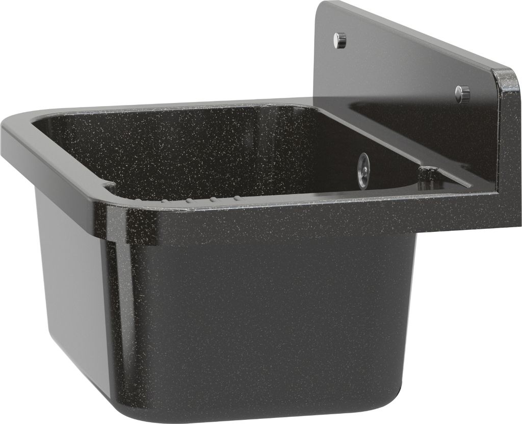 A black sink with a speckled finish is mounted on a wall.