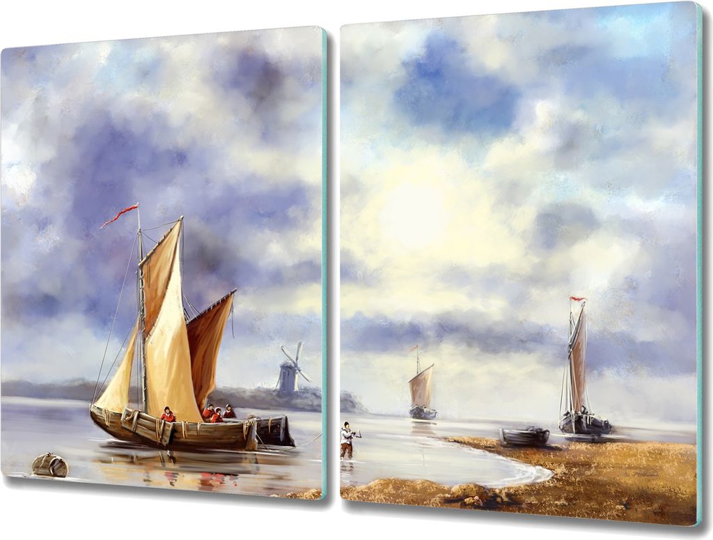 Coloray Hackbrett Herdabdeckplatte 2x40x52 cm Küchenbrett Kochplattenabdeckung Schneidebrett – Gemälde das Schiff Fischer