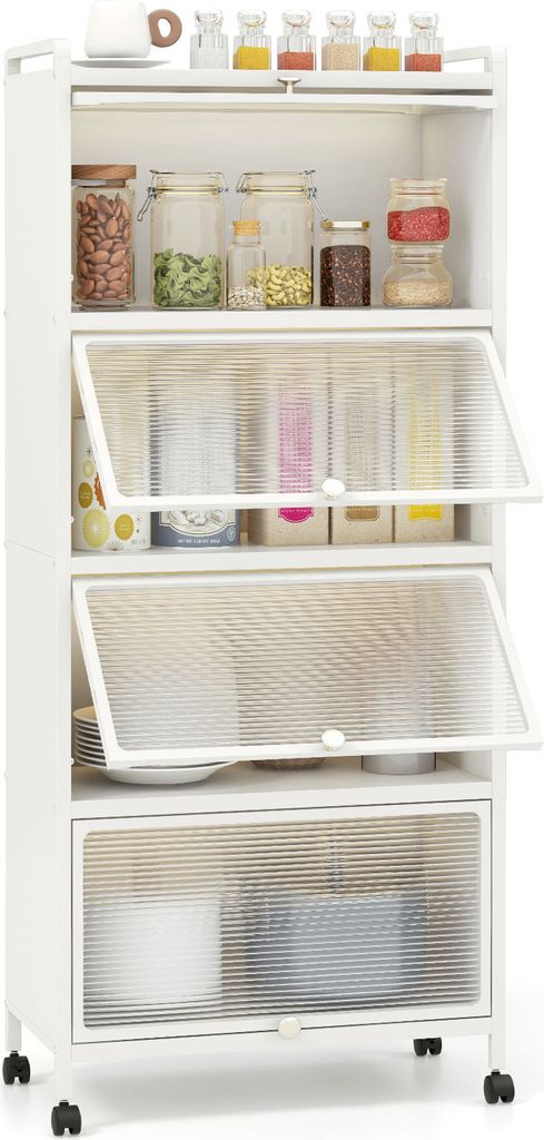 COSTWAY 5-stufiger Küchenschrank hoch, Küchenregal mit Rollen, aufklappbaren PC-Türen & Kippschutz, Mikrowellenständer, Standregal Hochschrank ...
