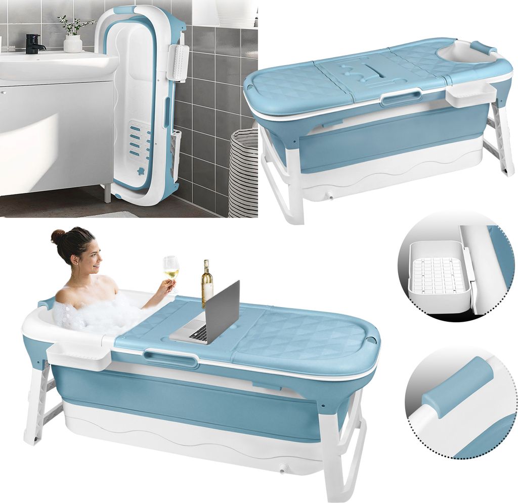 LARS360 143x62x53cm Faltbare Badewanne Erwachsene Mobile Badewanne mit abnehmbar Abdeckung Armlehne Seifenkorb PP+TPE für Badezimmer SPA, , Blau
