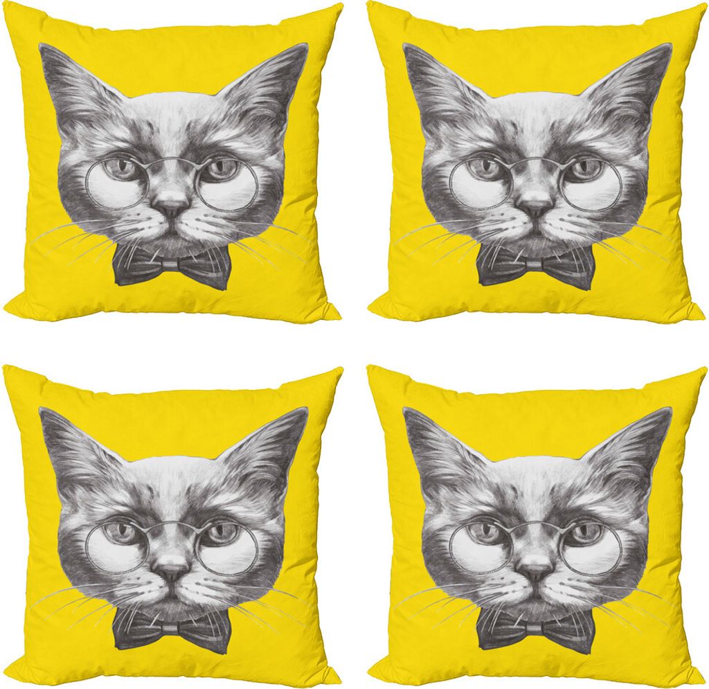 ABAKUHAUS Tier Kissenbezug Set (4 Stück), Katze Brille Fliege, Moderner Doppelseitiger Digitaldruck, 50 cm x 50 cm, Gelb Grau Weiss