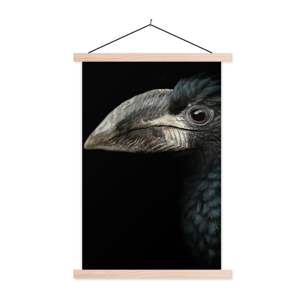 MuchoWow Textilposter Vogel - Porträt - Hornvogel - Schwarz - Tiere 40x60 cm mit holzfarbenen Rahmen - Poster