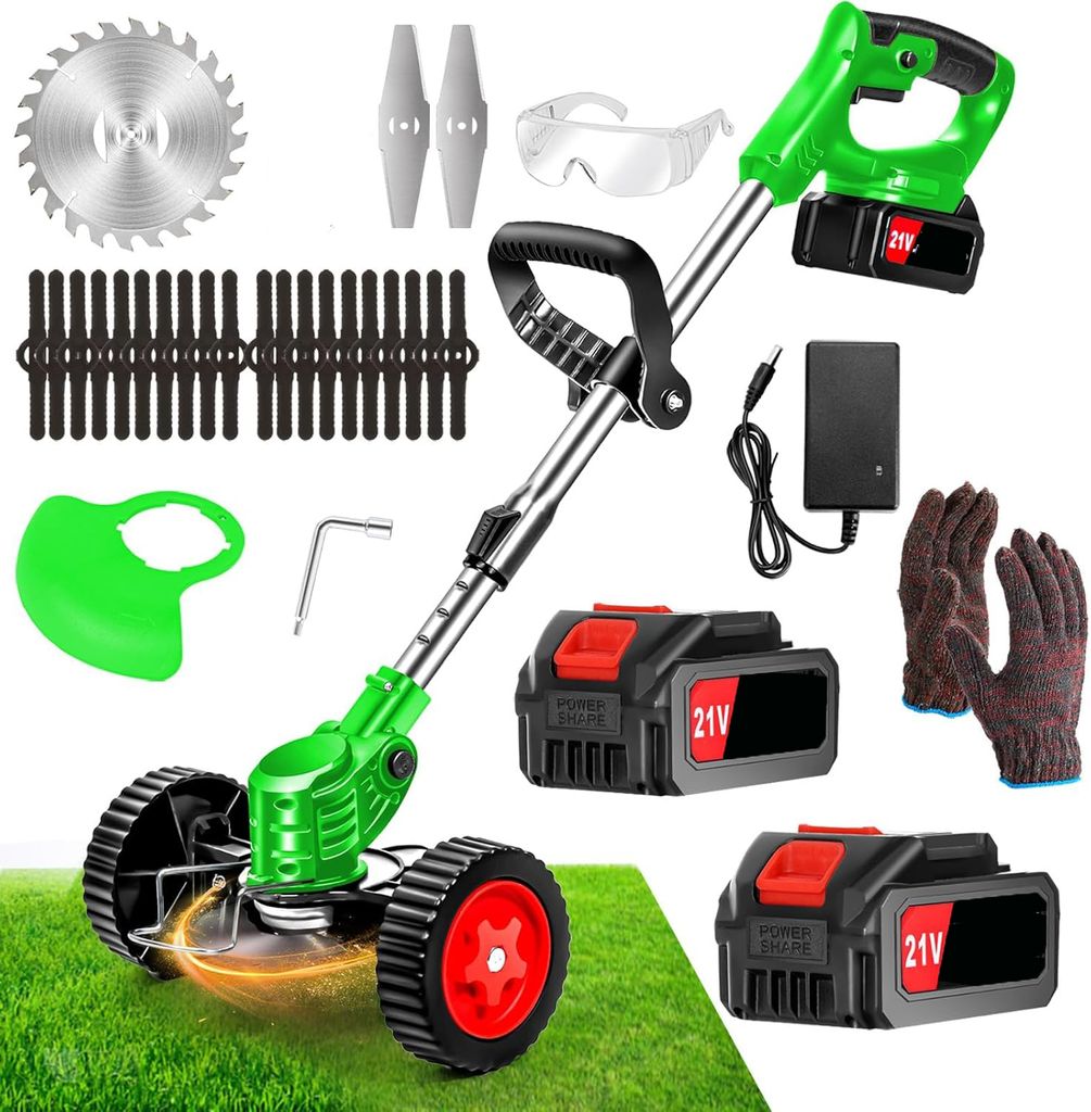 A collection of images showing a cordless grass trimmer and its accessories, laid out on a green grassy surface and a white background.