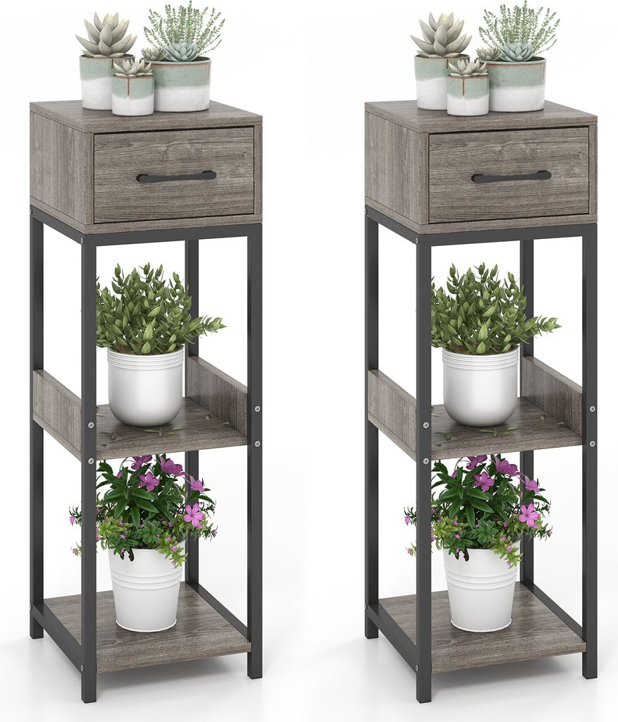 GOPLUS 2 tlg. Blumenständer, 3-Stufiger Pflanzenständer mit Schublade, Pflanztisch Blumentisch Blumenregal Pflanzenregal
