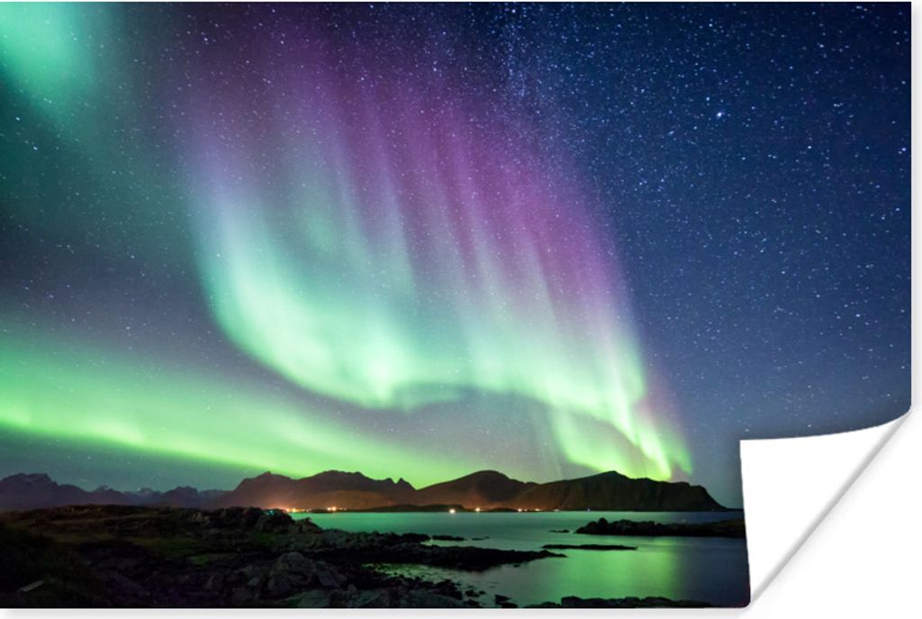 MuchoWow Poster Nordlicht - Grün - Lila - Sternenhimmel - See - Berg 30x20 cm - Plakate - Print