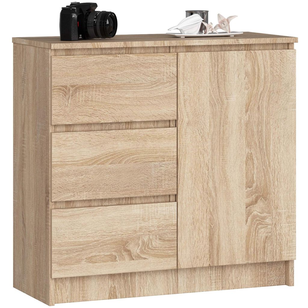 Kommode Jerry mit 3 Schubladen Schrank mit 2 Einlegeböden und 1 Tür Wohnzimmer Schlafzimmer Moderne 16mm 80x77x35 cm Sonoma